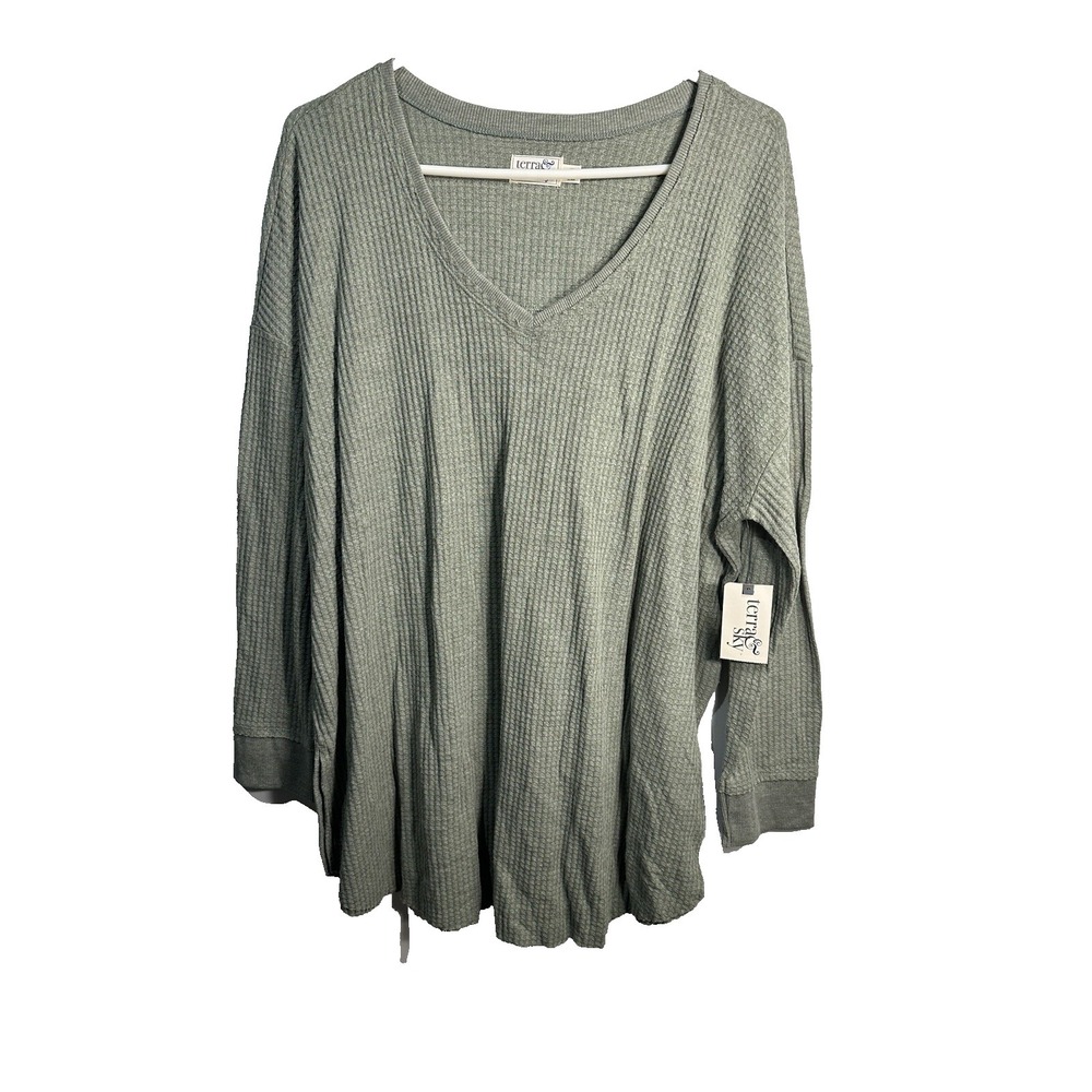 terra & sky womens green v neck long sleeve shirt plus‎ size 1X 16w 18w